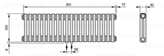 Схема (чертеж) Радиатор Zehnder Charleston 2030/20 №3470 Белый глянцевый RAL 9016